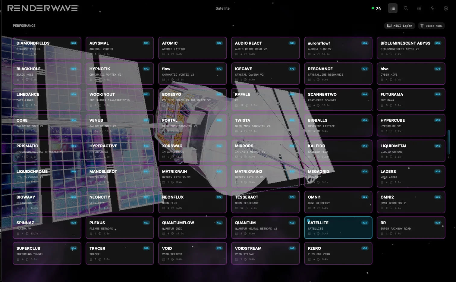 RenderWave Performance Mode showing the preset grid for live VJ triggering